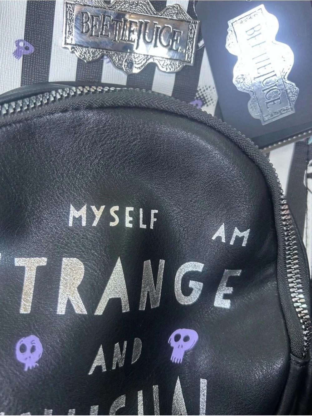 Hot Topic Beetlejuice Black White Striped Mini Backpack